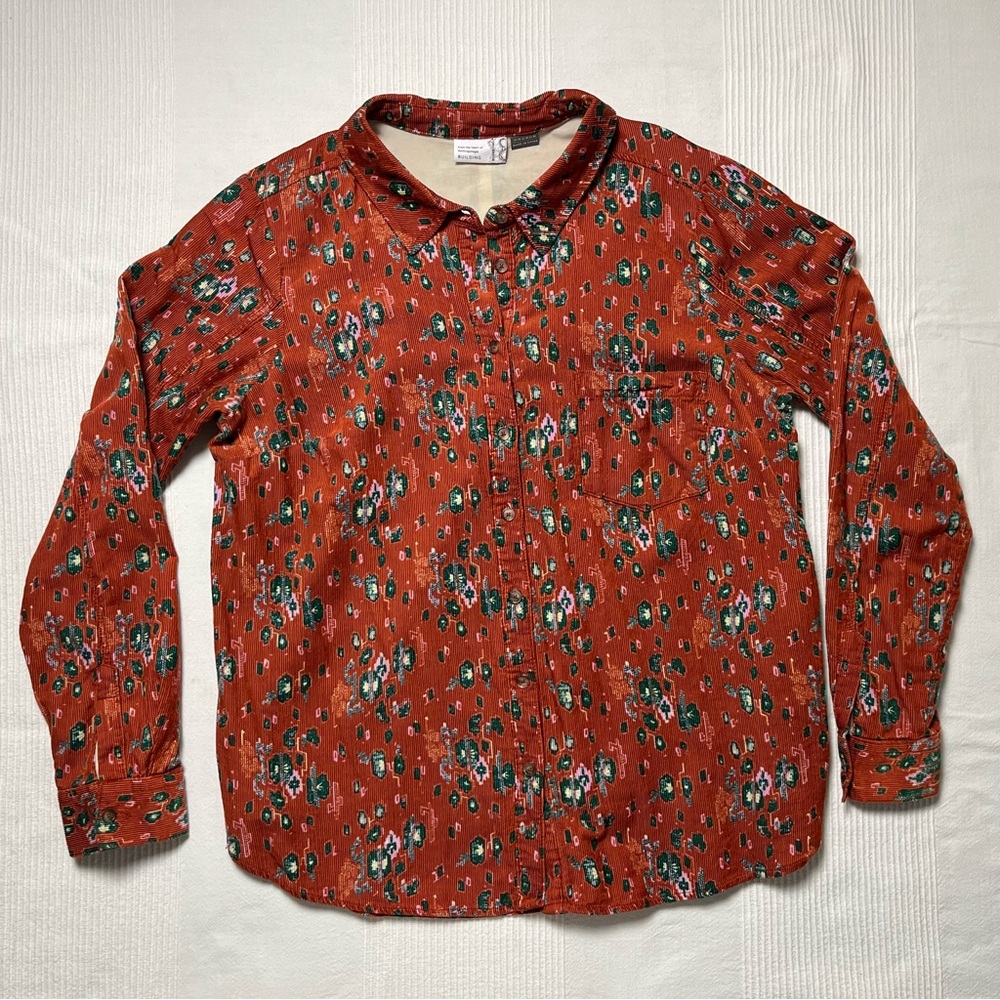 Anthropologie Building 18 Women's Corduroy Blouse Size 14 Rust Tribal Print Boho